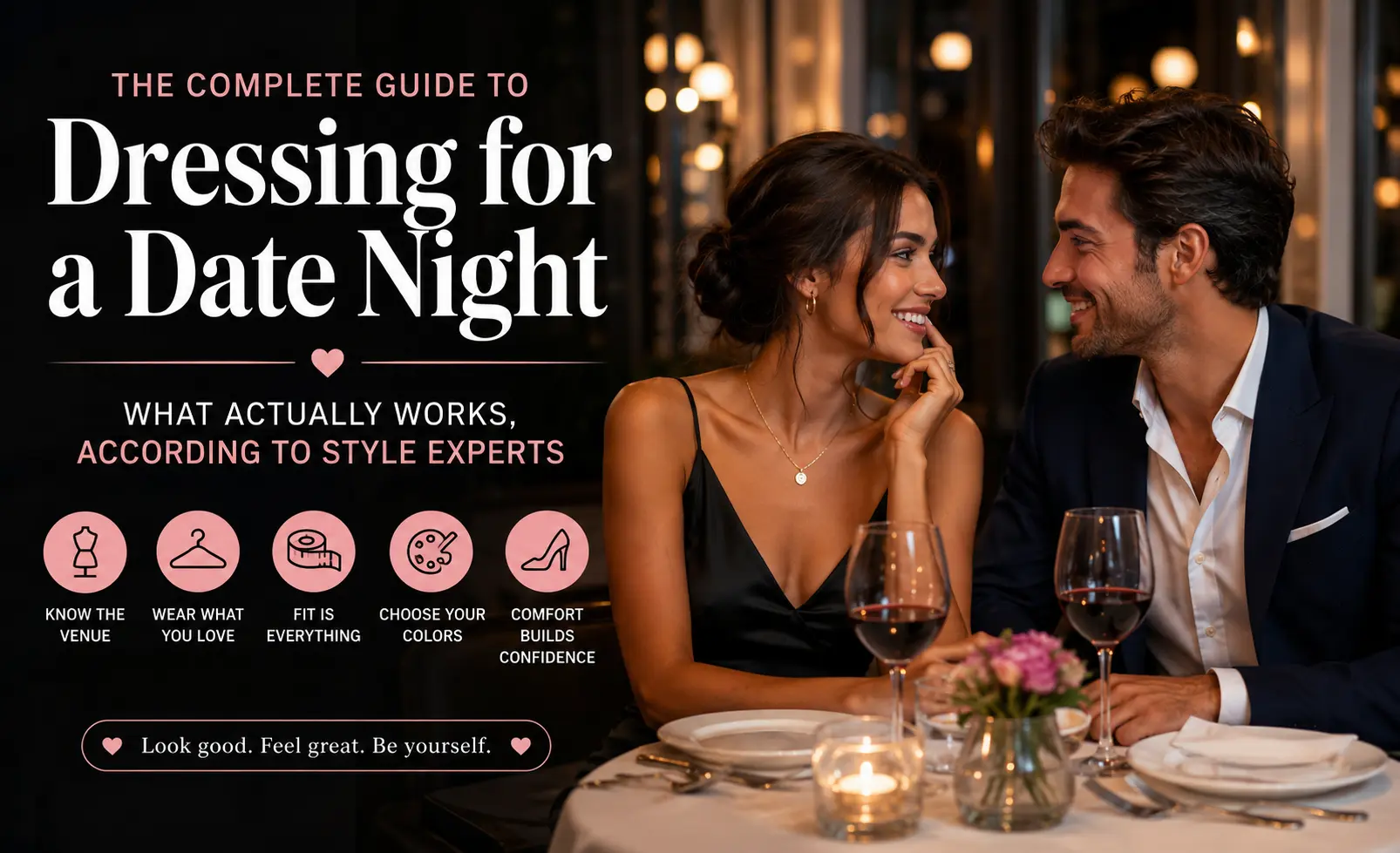 Romantic couple enjoying a candlelit dinner while showcasing stylish date night outfits, illustrating a complete guide to dressing confidently for any date occasion.
